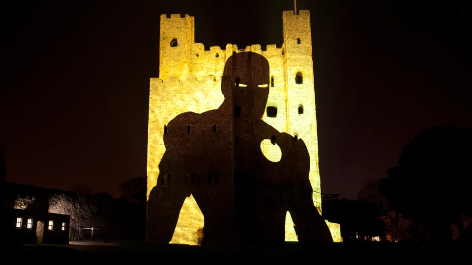 Iron Man projection-mapped onto Rochester Castle for AC/DC's Iron Man 2 launch